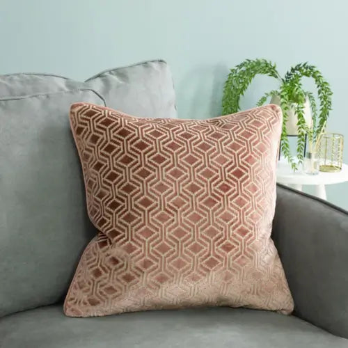 Pink plush velvet Wellington patterned square cushion, with matching pink piping and reverse. Complete with feather filled insert, available to purchase from Albury House Interiors, Essex. 