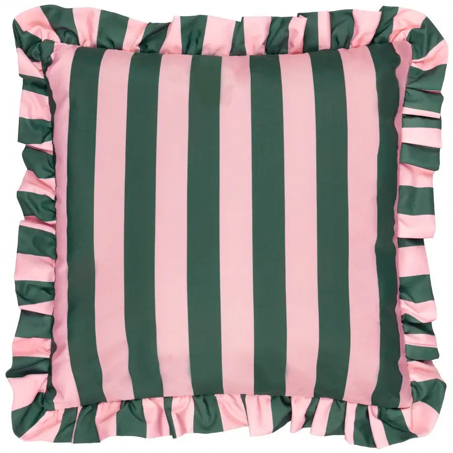 Baby pink and dark green thick striped outdoor double sided cushion with thick ruffled matching edge, fully water resistant. Available at Albury House Interiors.