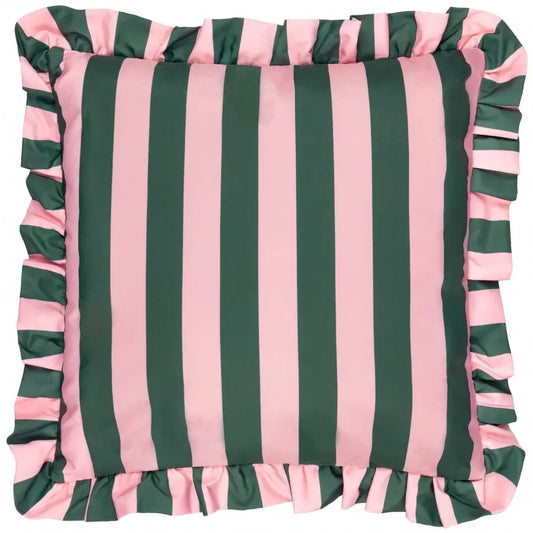 Baby pink and dark green thick striped outdoor double sided cushion with thick ruffled matching edge, fully water resistant. Available at Albury House Interiors.