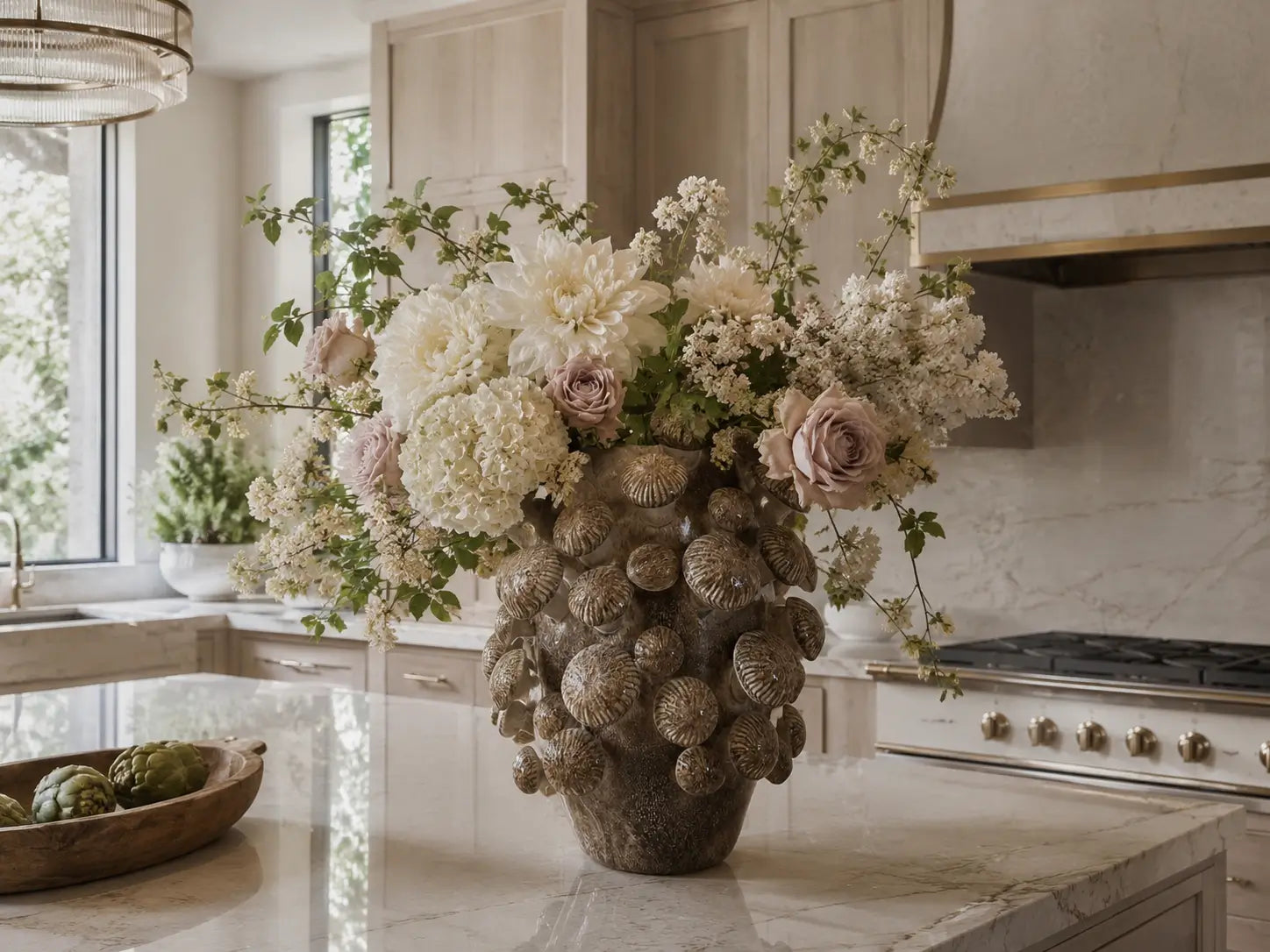 Extra large size Portobello mushroom fungi vase in deep brown with raw natural detailing. Base and 3D mushrooms crafted from ceramic with a smooth shiny finish. Available to purchase from Albury House Interiors.