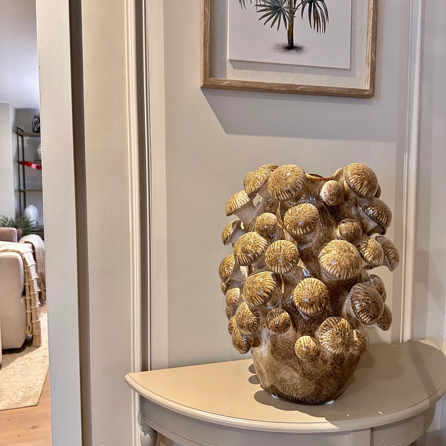 extra-large-portobello-3D-mushroom-brown-ceramic-vase-with-raw-natural-detailing-on-wooden-console-table-at-albury-house-interiors-home-decor-store-essex