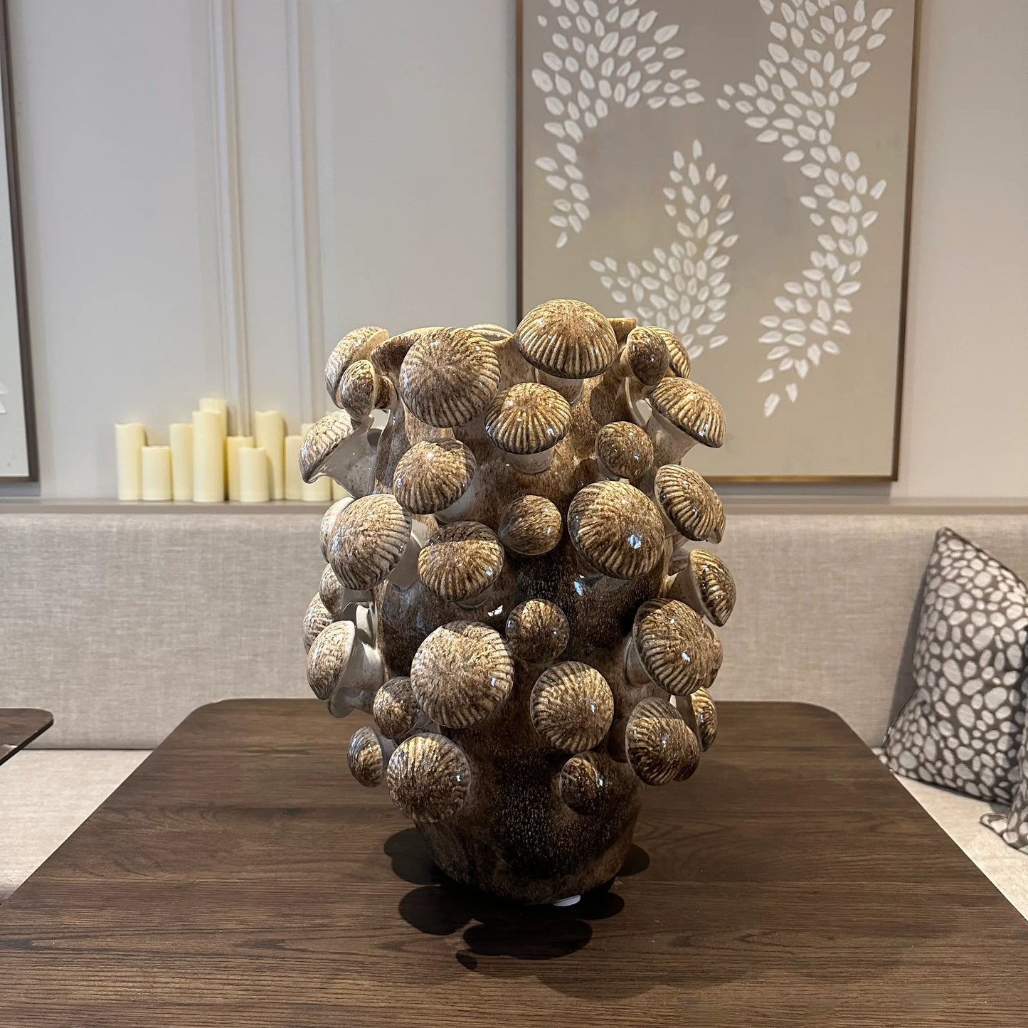 extra-large-portobello-3D-mushroom-brown-ceramic-vase-with-raw-natural-detailing-on-dark-brown-wooden-dinind-table-at-albury-house-interiors-home-decor-store-essex