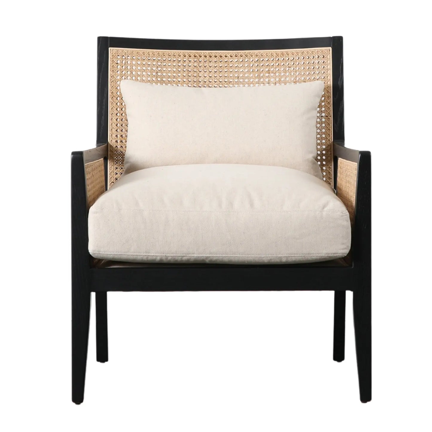Rattan armchair with black wooden frame and natural coloured rattan, includes a neutral seat cushion and back cushion. Available at Albury House Interiors Essex.