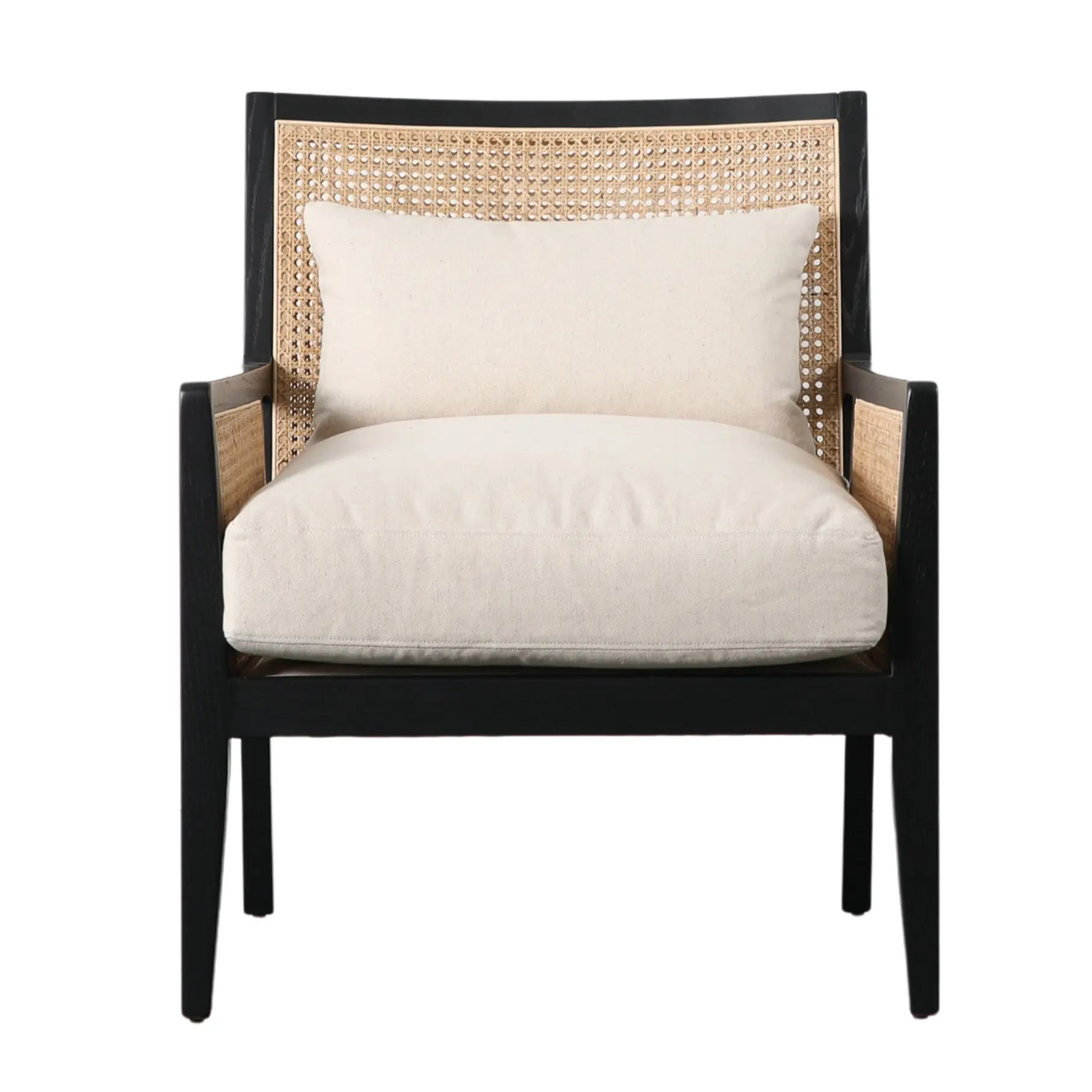 Rattan armchair with black wooden frame and natural coloured rattan, includes a neutral seat cushion and back cushion. Available at Albury House Interiors Essex.