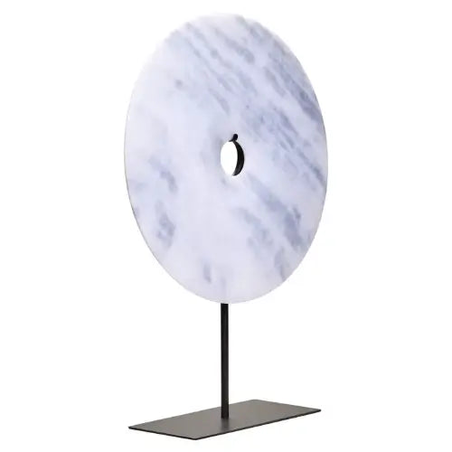 rayne-white-and-grey-natural-veined-marble-round-disc-sculpture-on-black-iron-stand-at-albury-house-interiors-supplying-interiors-designer-accessories