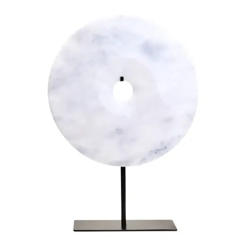 rayne-white-and-grey-natural-veined-marble-round-disc-sculpture-on-black-iron-stand-at-albury-house-interiors-supplying-interiors-design-accessories