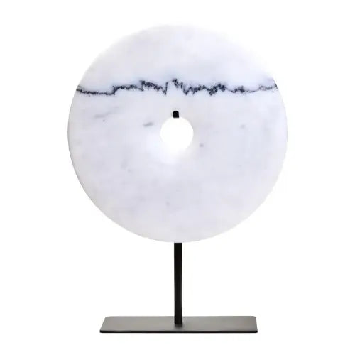 rayne-white-and-grey-natural-veined-marble-round-disc-sculpture-on-black-iron-stand-at-albury-house-interiors-supplying-interiors-design-accessories