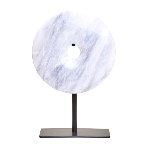 rayne-white-and-grey-natural-veined-marble-round-disc-sculpture-on-black-iron-stand-at-albury-house-interiors-supplying-interiors-design-accessories