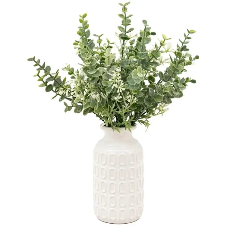 white-ceramic-retro-pattern-vase-with-faux-green-foliage-and-eucalyptus-at-albury-house-interiors-essex