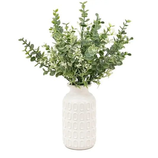 white-ceramic-retro-pattern-vase-with-faux-green-foliage-and-eucalyptus-at-albury-house-interiors-essex