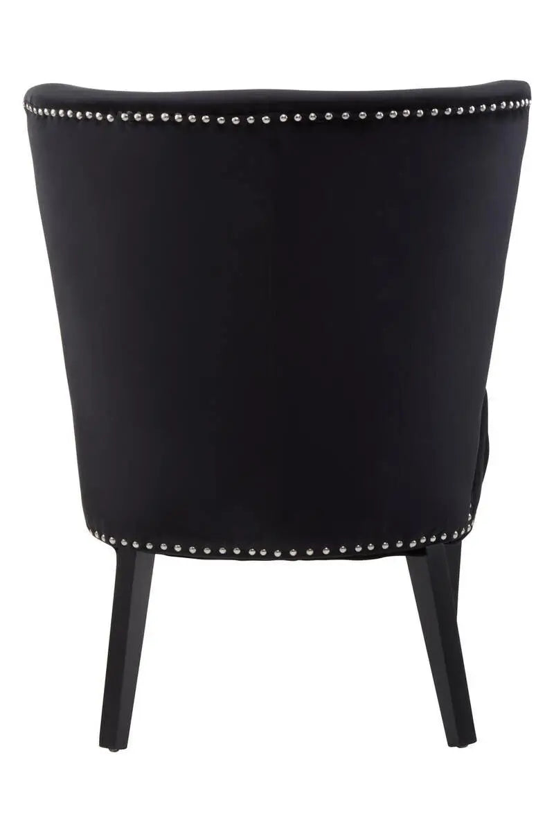 Cologne black soft velvet occasional chair with matching black wooden square legs and silver studded detail around front and back edges. Available at Albury House Interiors