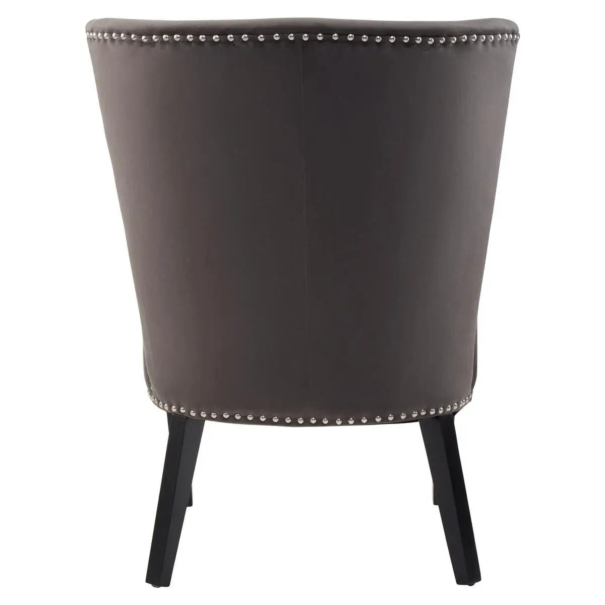 Cologne mink soft plush velvet occasional or dining chair with black square wooden legs, and chrome stud detail around each edge. Available at Albury House Interiors
