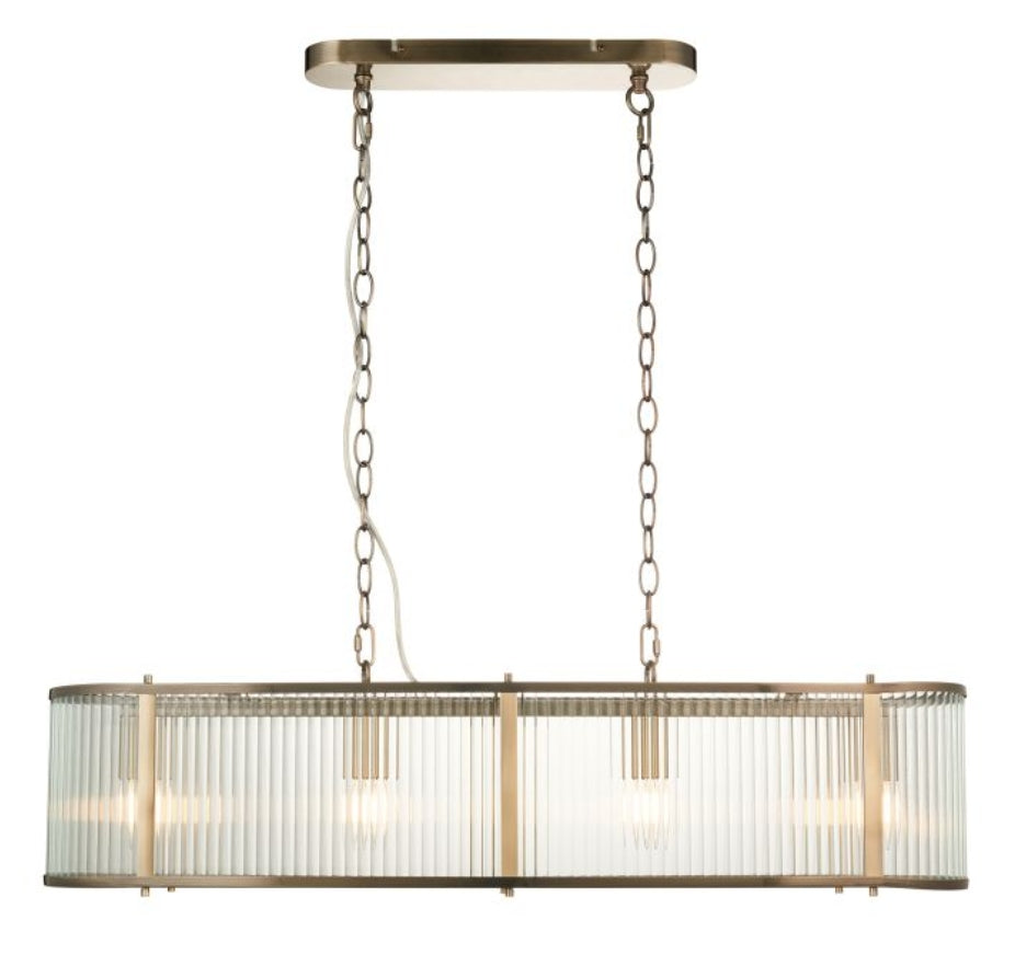 Chandelier with brass frame and ribbed, clear glass panels hanging from a chain on a white background