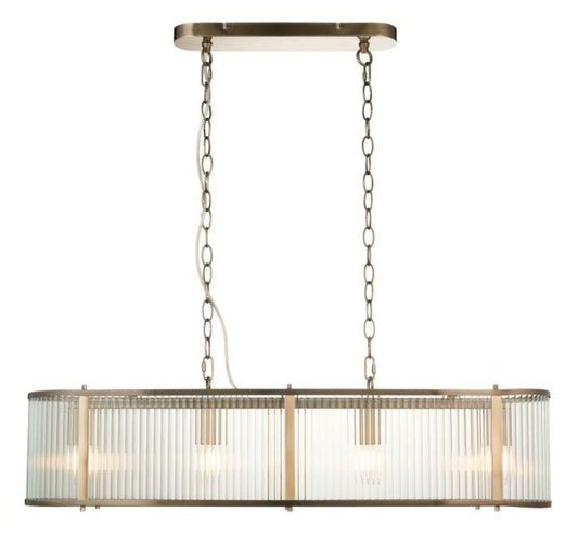 Chandelier with brass frame and ribbed, clear glass panels hanging from a chain on a white background