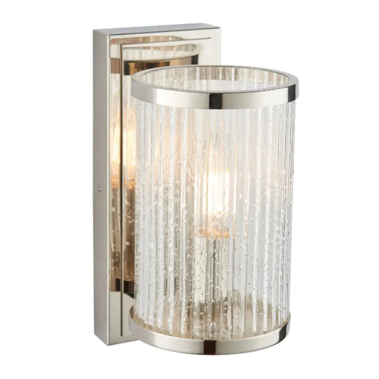 Bright nickel plated wall light, featuring  ribbed glass with a bubble effect throughout - creating a beautiful diffused light. Available to purchase from Albury House Interiors, homewares in the UK.