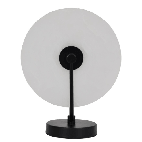 White marble quartz disc table lamp with black base and accents at Albury House Interiors Essex