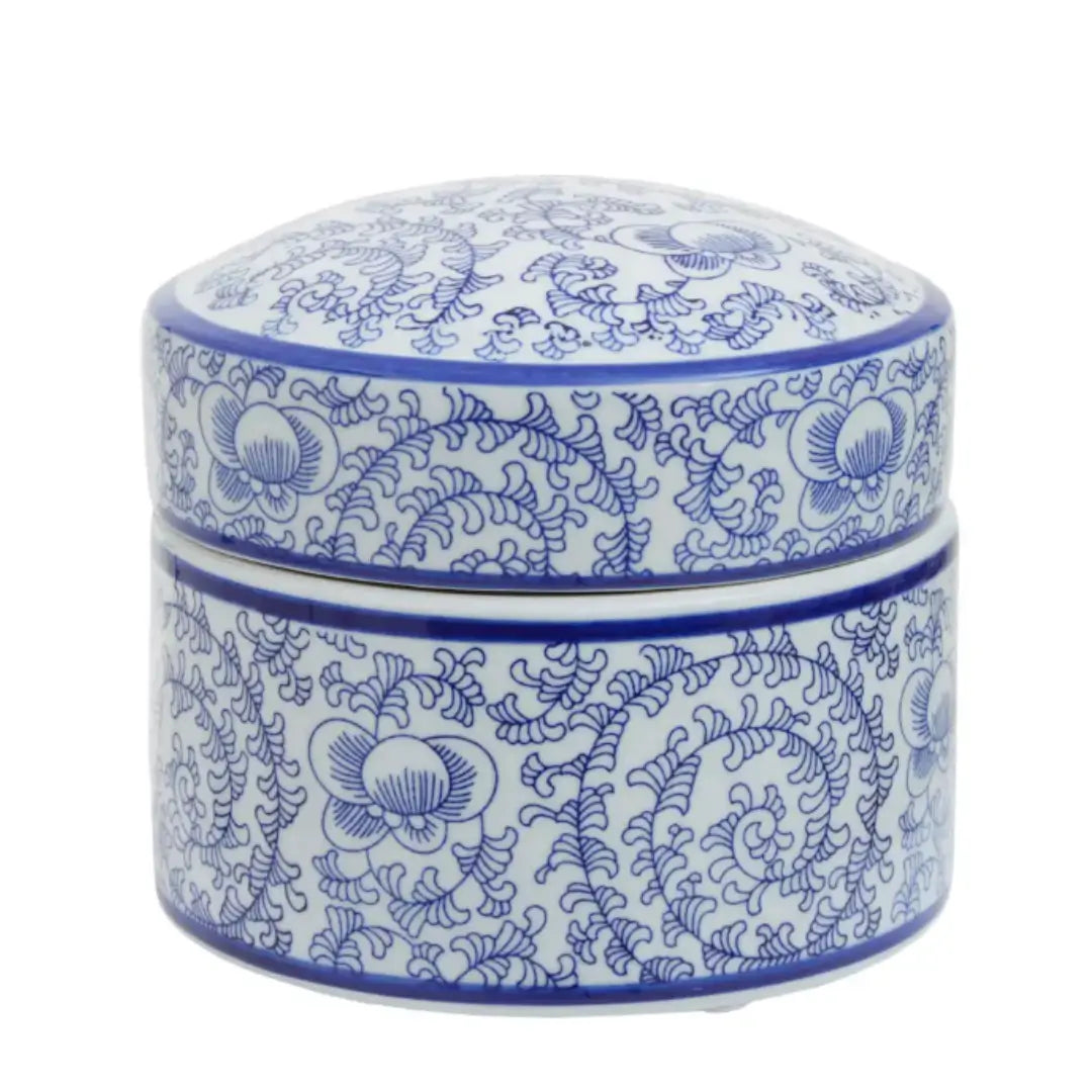 Santorini ceramic dark blue and white swirl floral patterned round trinket box with lid at Albury House Interiors 