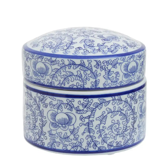 Santorini ceramic dark blue and white swirl floral patterned round trinket box with lid at Albury House Interiors 