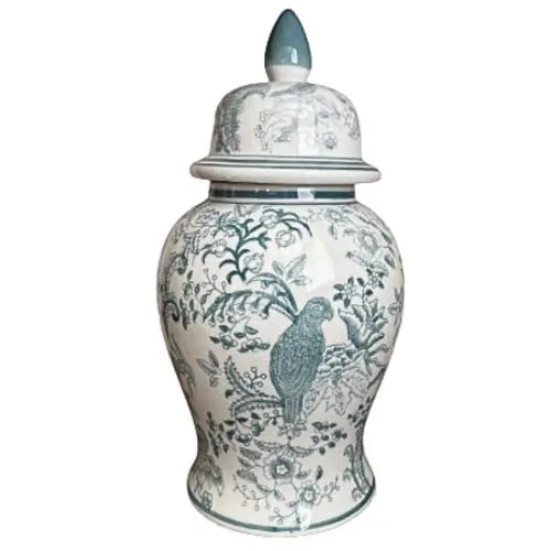 Senegal decorative lidded ginger jar in white and turquoise blue, with floral patterns and birds. Available to purchase from Albury House Interiors, home decor in Essex, UK. 
