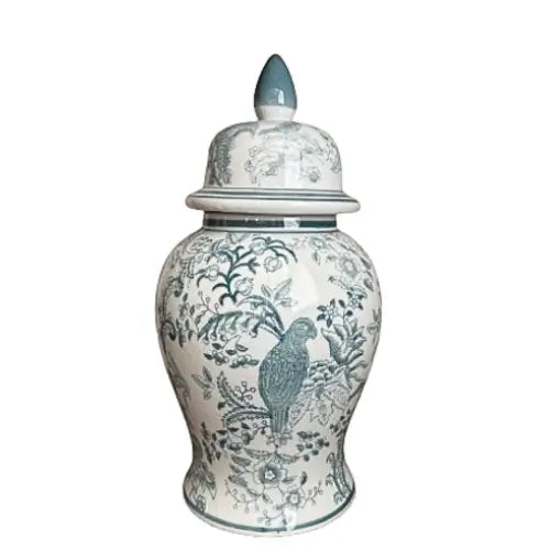 Senegal turquoise green teal and white ginger jar with lid, patterned with floral designs and birds. Available to purchase from Albury House Interiors. 