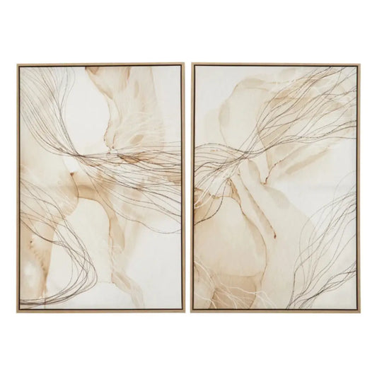 Set of two abstract natural coloured wall art pieces with beige and brown tones on a white background, finished with veneered wooden effect frames. Available to purchase from Albury House Interiors.