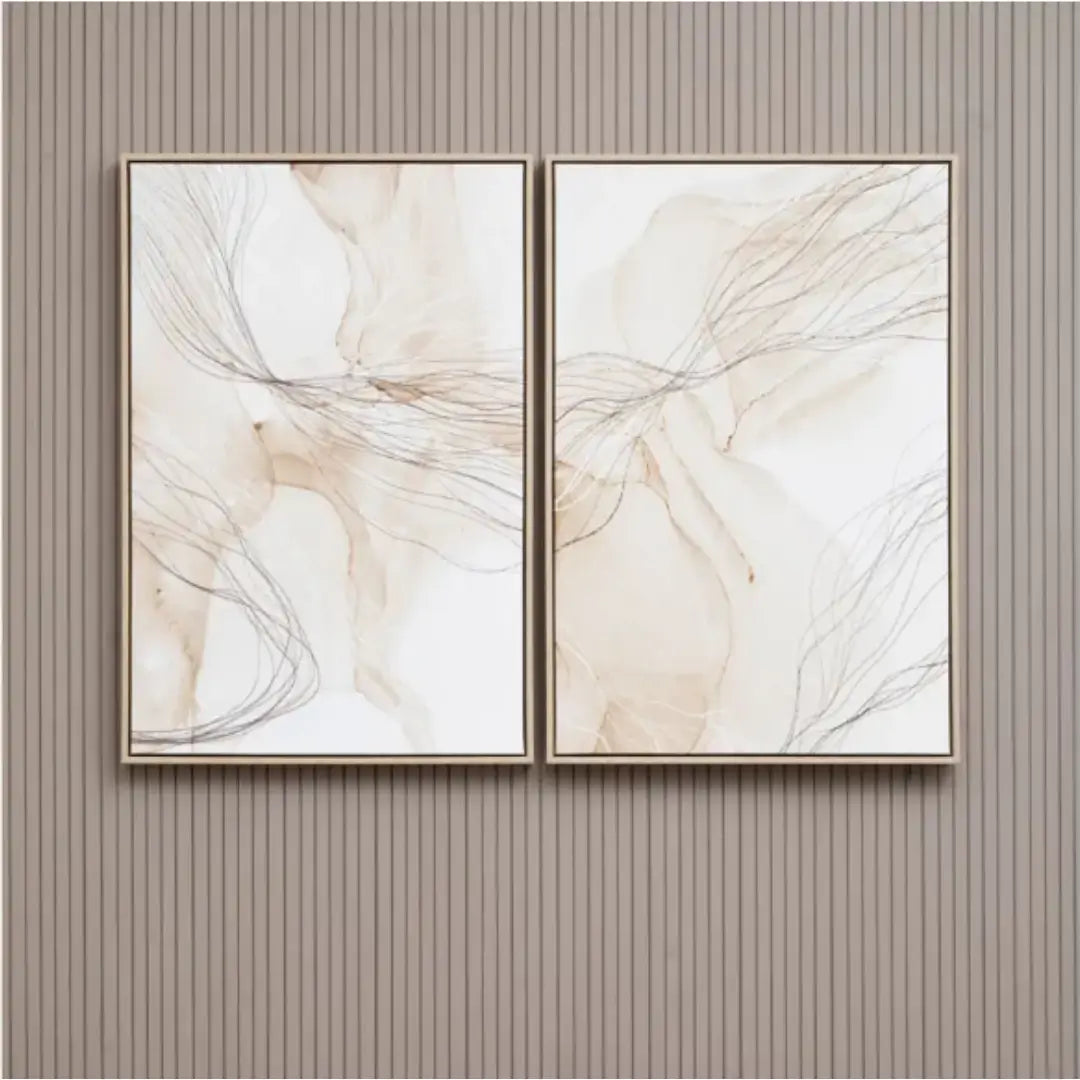 Set of two abstract natural coloured wall art pieces with beige and brown tones on a white background, finished with veneered wooden effect frames. Available to purchase from Albury House Interiors.
