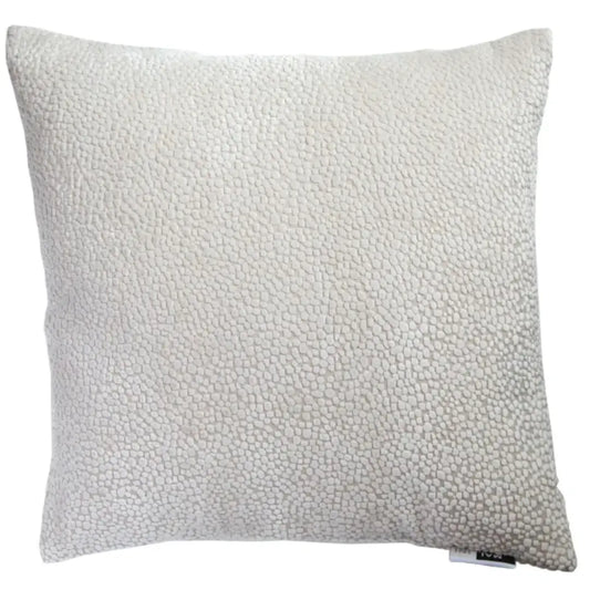 Sevine textured dotted square cushion in cream velvet, complete with feather filled insert. Available to purchase from Albury House Interiors. 