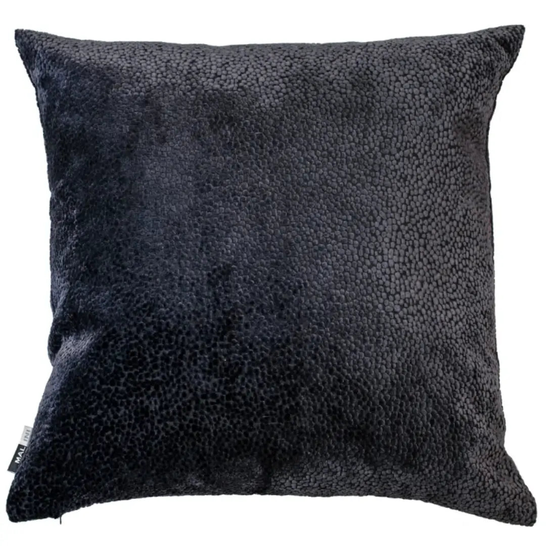 Sevine black soft velvet square cushion, with textured effect. Complete with feather filled insert. Available to purchase at Albury House Interiors.