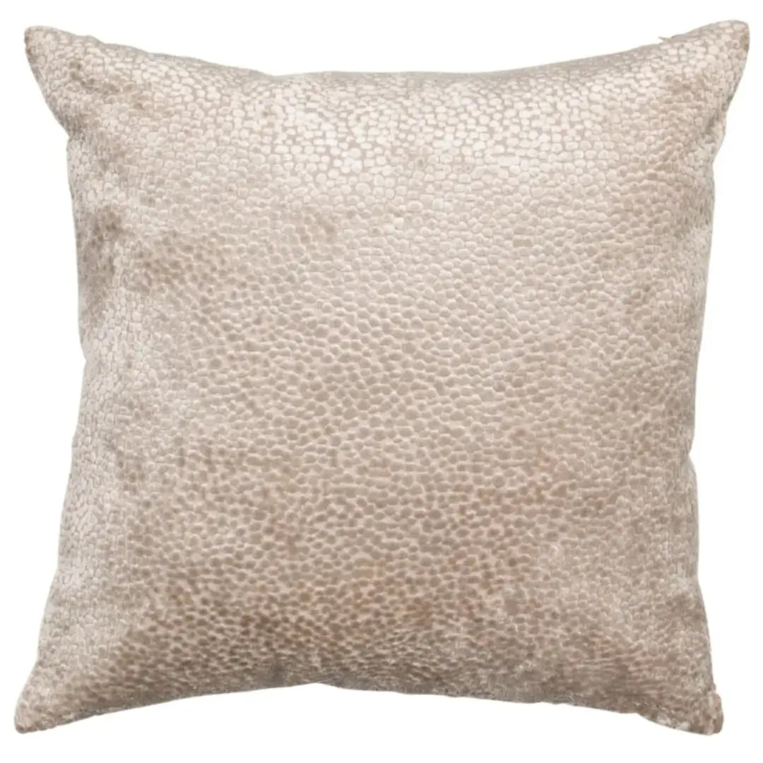 Sevine soft taupe velvet mottled texture square cushion. Complete with feather filled insert. Available to purchase from Albury House Interiors. 