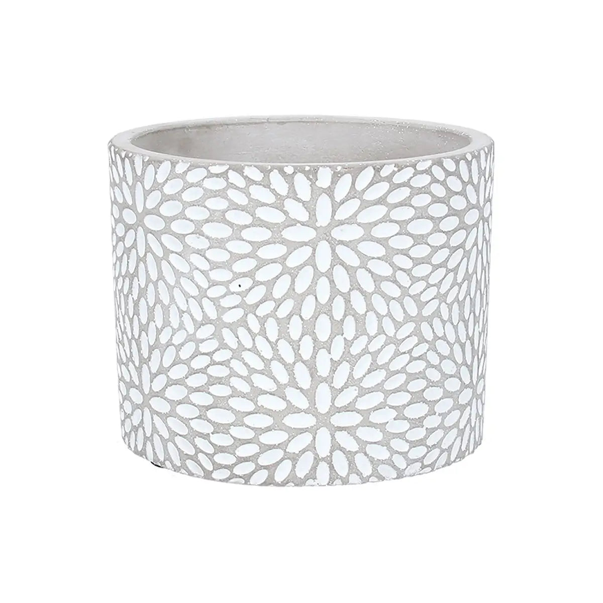Small starburst flower pattern planter plant pot, crafted from cement finished with white detailing. Perfect for your houseplants or outdoor plants, available to purchase at Albury House Interiors.