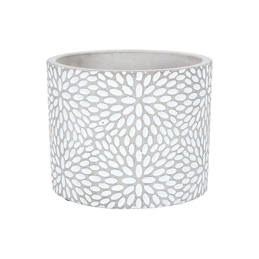 Small starburst flower pattern planter plant pot, crafted from cement finished with white detailing. Perfect for your houseplants or outdoor plants, available to purchase at Albury House Interiors.