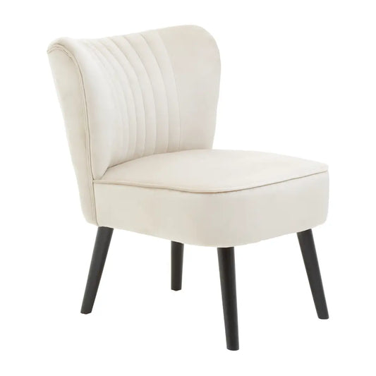 Sorrento plush cream velvet occasional chair with pleated detailing on backrest, matching cream piped edges and black wooden legs, at Albury House Interiors 