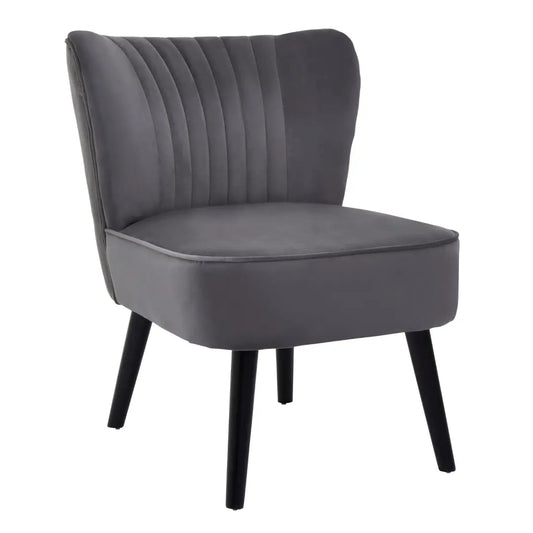 Sorrento grey velvet occasional chair with matching grey piped edges and pleated detail back, finished with black wooden legs. Available at Albury House Interiors.
