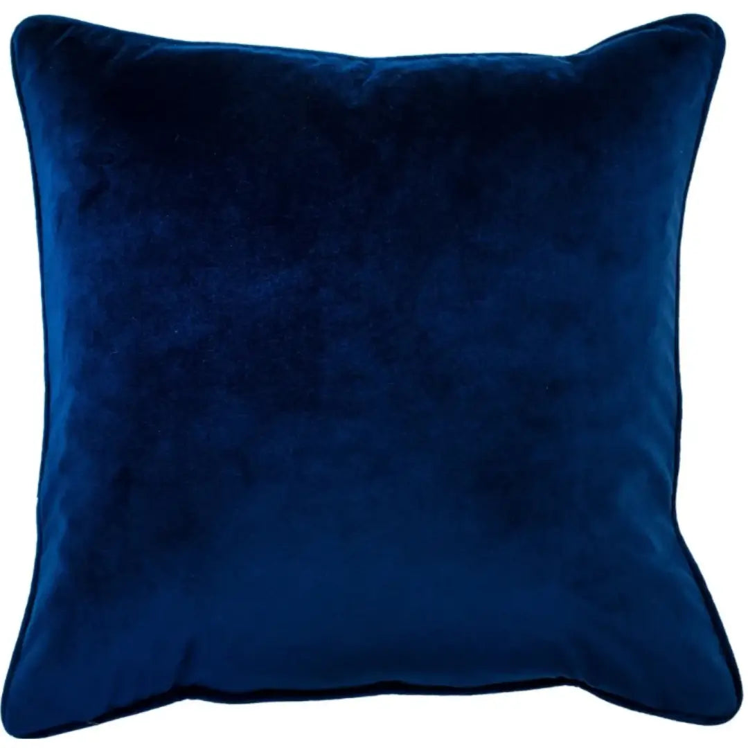 Navy blue square velvet cushion with floral design and embroidered peacocks and matching navy blue piped edge, complete with feather insert. Available to purchase at Albury House Interiors.