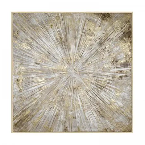 Gold framed square Starburst patterned wall art in shades of neutral, beige and gold. Available to purchase from Albury House Interiors, Essex and London.