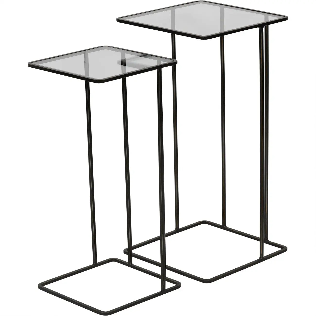 Set of two nesting sofa tables with clear glass tops and antique bronze metal frames, available to purchase from Albury House Interiors - homewares and free standing furniture in the UK.
