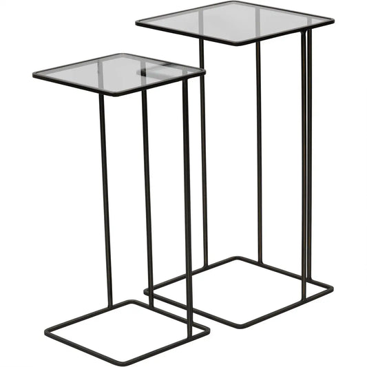 Set of two nesting sofa tables with clear glass tops and antique bronze metal frames, available to purchase from Albury House Interiors - homewares and free standing furniture in the UK.