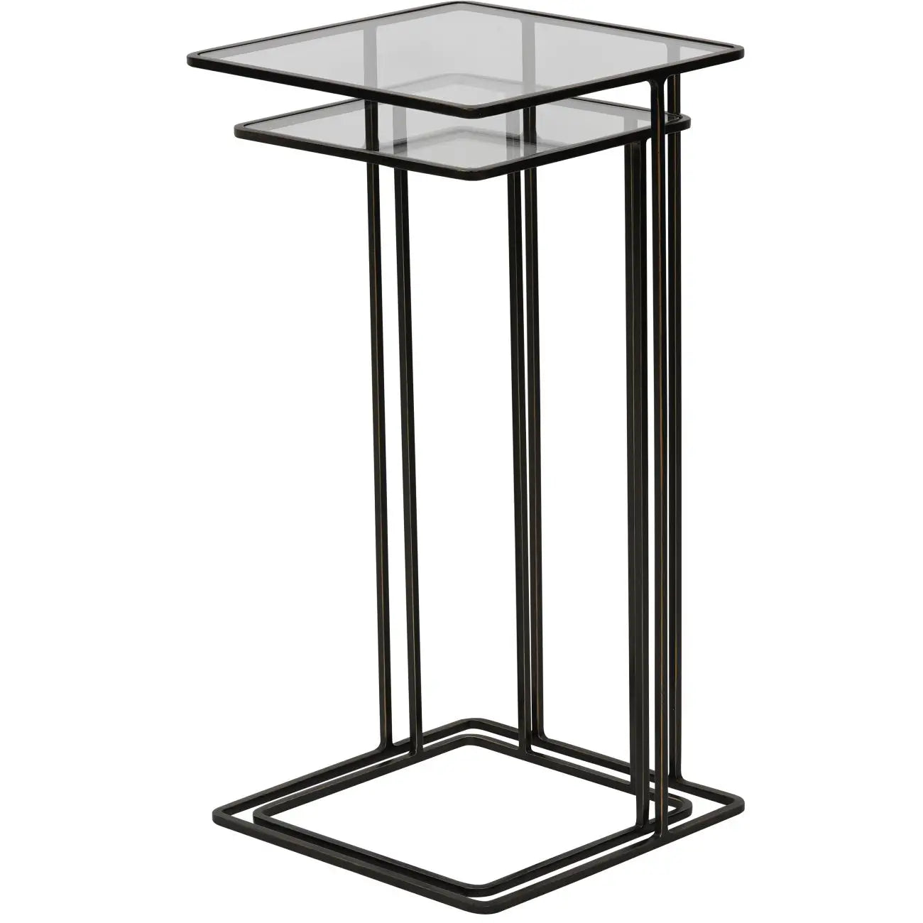 Set of two nesting sofa tables with clear glass tops and antique bronze metal frames, available to purchase from Albury House Interiors - homewares and free standing furniture in the UK.