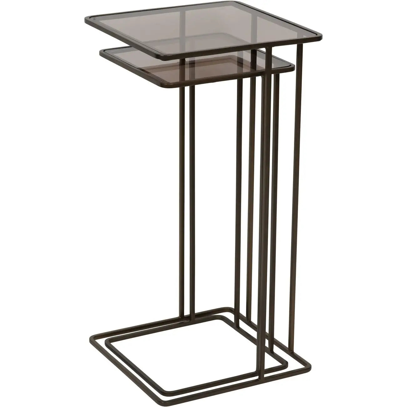 Set of two nesting sofa tables with smoked glass tops and antique bronze metal frames, available to purchase from Albury House Interiors - homewares and free standing furniture in the UK.