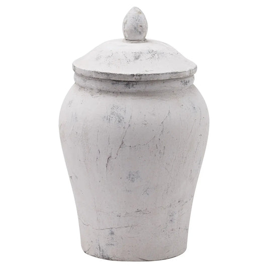 Lidded ginger jar crafted from stone cement and finished in a pale grey with a distressed look. Available to purchase at Albury House Interiors, homewares in the UK. 