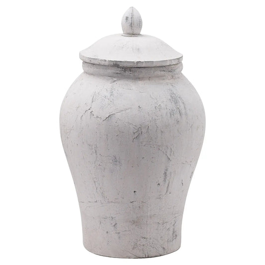 Stone cement ginger jar finished in distressed grey with matching lid at Albury House Interiors, homewares in the UK.
