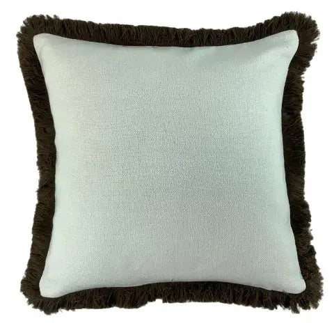 Sully square feather filled cushion with white face and reverse and thick brown fringed edge. Available to purchase from Albury House Interiors. 