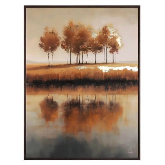 copper-orange-golden-sunset-trees-reflected-in-lake-canvas-wall-art-with-dark-wooden-frame-at-albury-house-interiors-essex