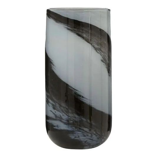 Black and grey glass swirl vase in size large, perfect for faux flowers or real plants and fresh flowers. Available to purchase at Albury House Interiors, homewares and home decor shop in Essex. 