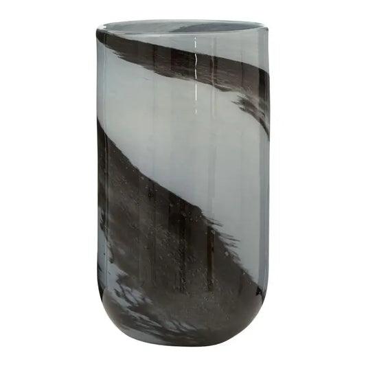 Black and grey glass swirl vase size small with white hydrangeas, perfect for faux flowers, real plants and fresh flowers. Available to purchase at Albury House Interiors, homewares and home decor shop in Essex. 