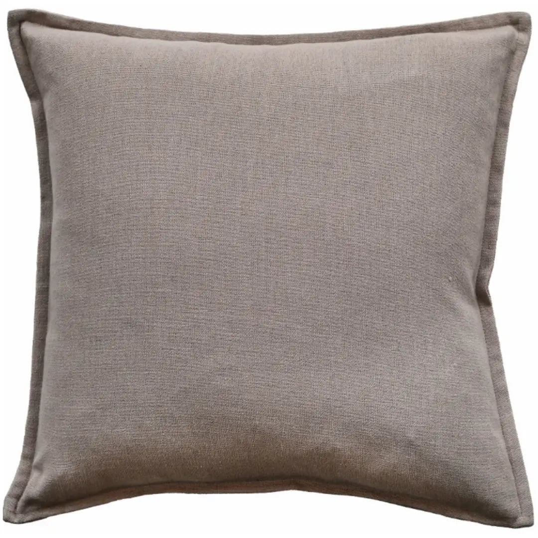 Taupe linen square cushions with matching piping, complete with feather filled insert, available to buy at Albury House Interiors. 