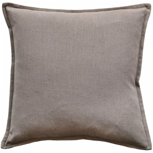 Taupe linen square cushions with matching piping, complete with feather filled insert, available to buy at Albury House Interiors. 