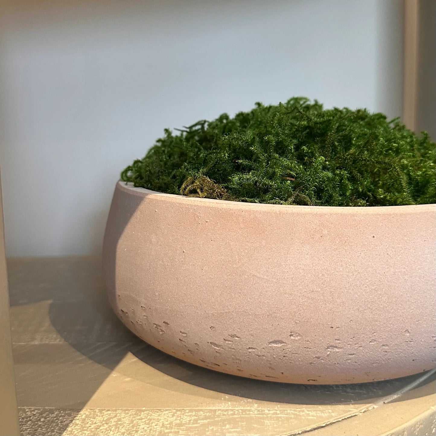 terracotta-coloured-distressed-bowl-filled-with-green-preserved-natural-moss-at-albury-house-interiors