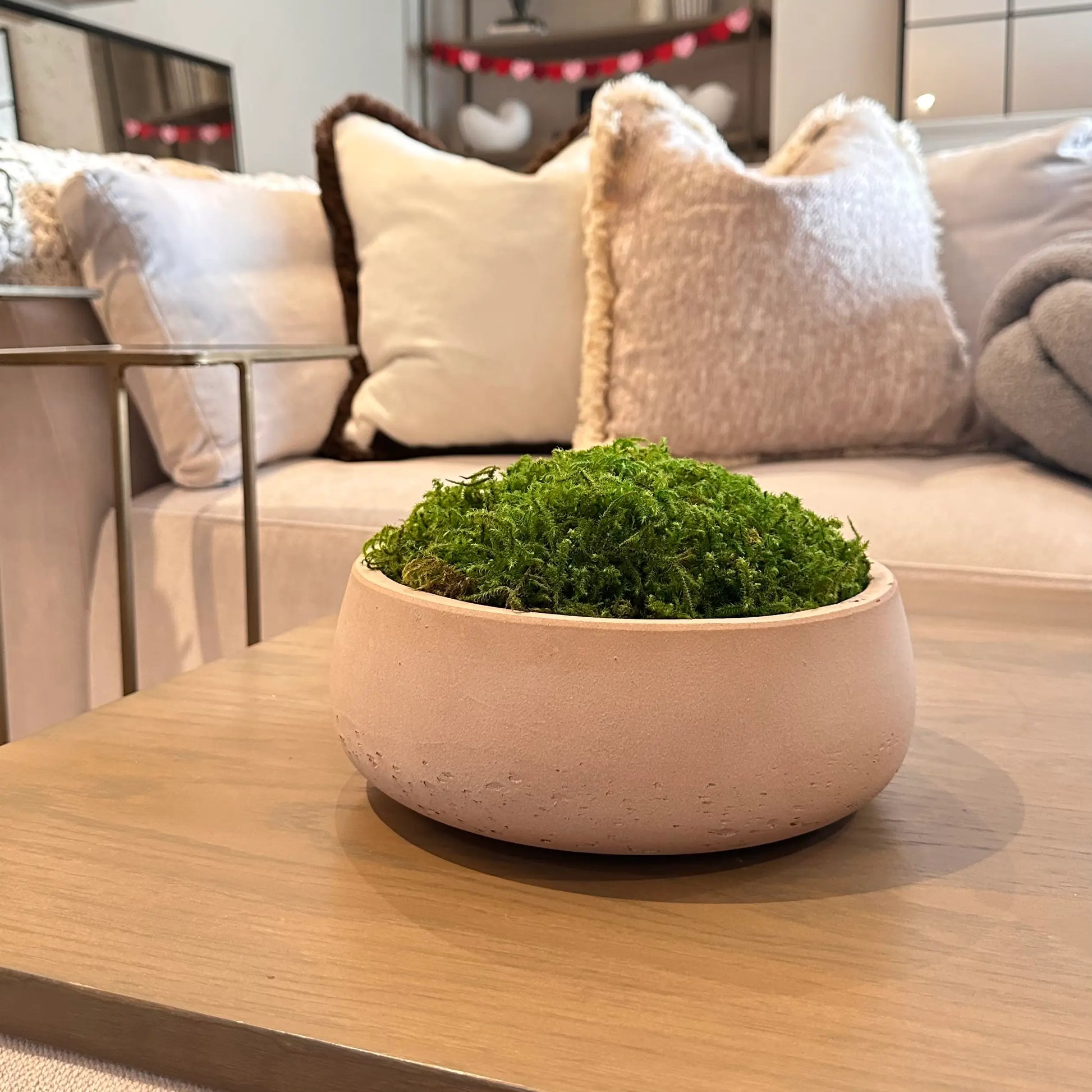 terracotta-coloured-distressed-bowl-filled-with-green-preserved-natural-moss-on-brown-stained-wooden-coffee-table-at-albury-house-interiors