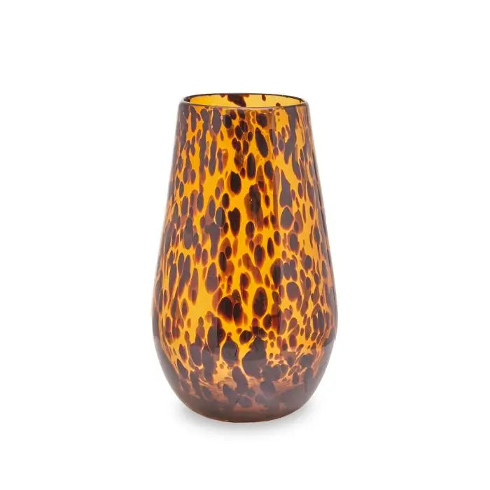Tortoise shell slim amber glass vase with brown flecks and patterns throughout, available to purchase at Albury House Interiors. 